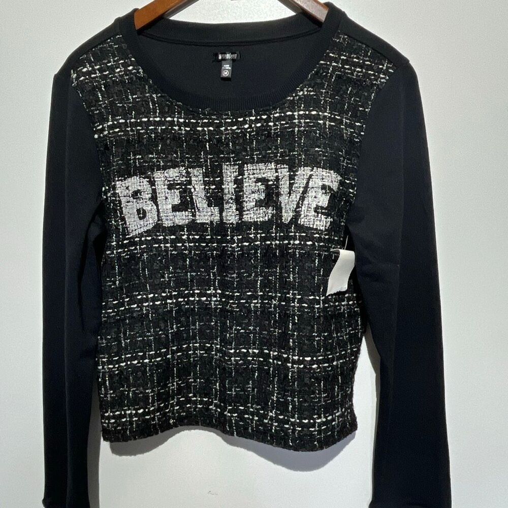 Seventeen Women's Black White Tweed‎ Front Long Sleeve Pullover Sweater Medium